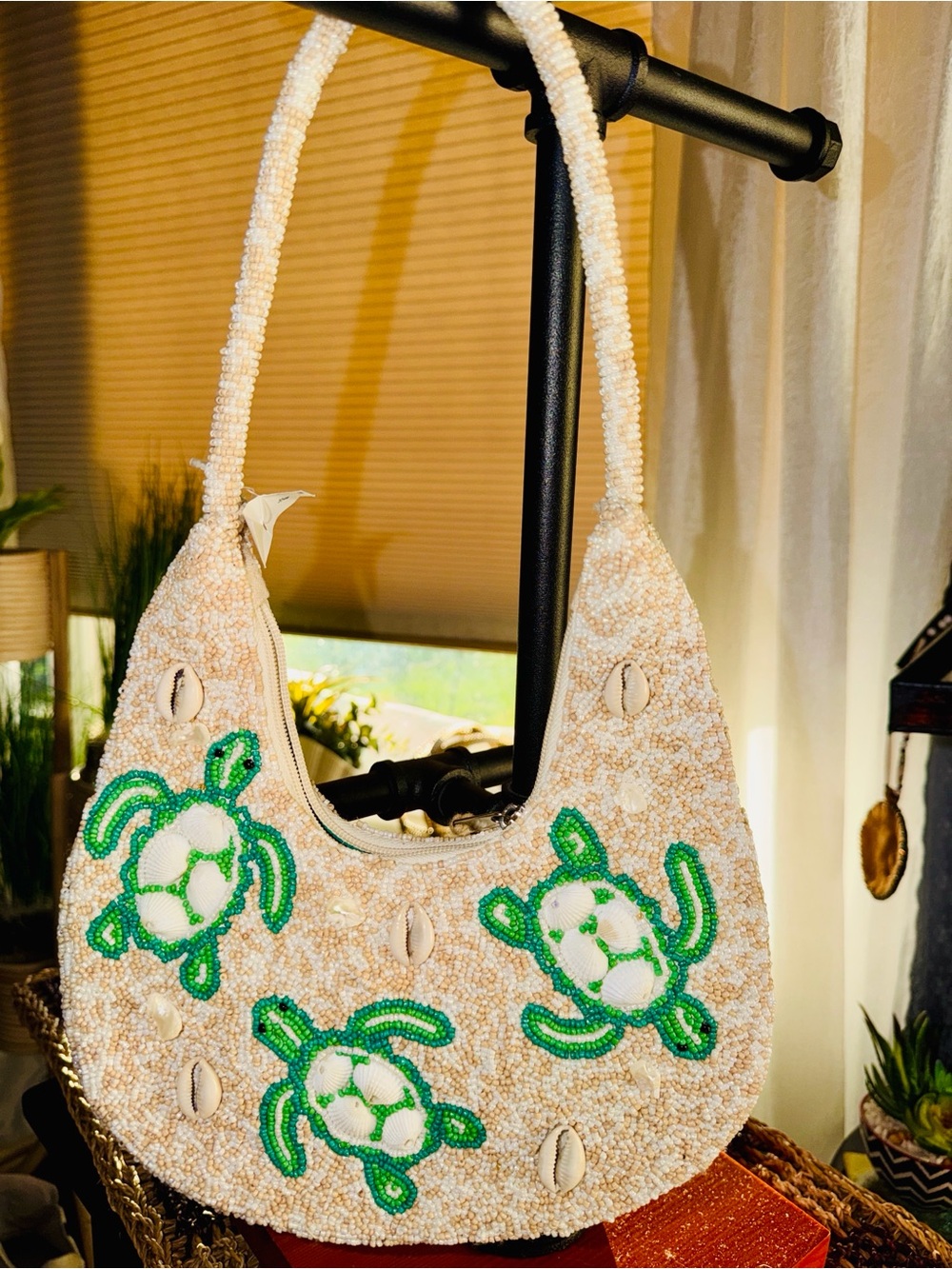 America & Beyond Sea Turtle Shell Beaded Hobo Bag Ivory Green NWT